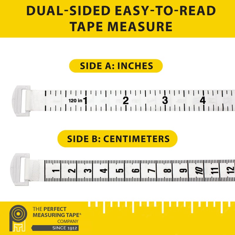 PERFECT MEASURING TAPE شريط قياس مثالي - طويل جداً (120 بوصة) شريط قياس مرن للخياطين. شريط قابل للسحب، مزدوج الجوانب - بوصات حتى 120 وقياس متري حتى 3م (النموذج SR18) أبيض - Image 4